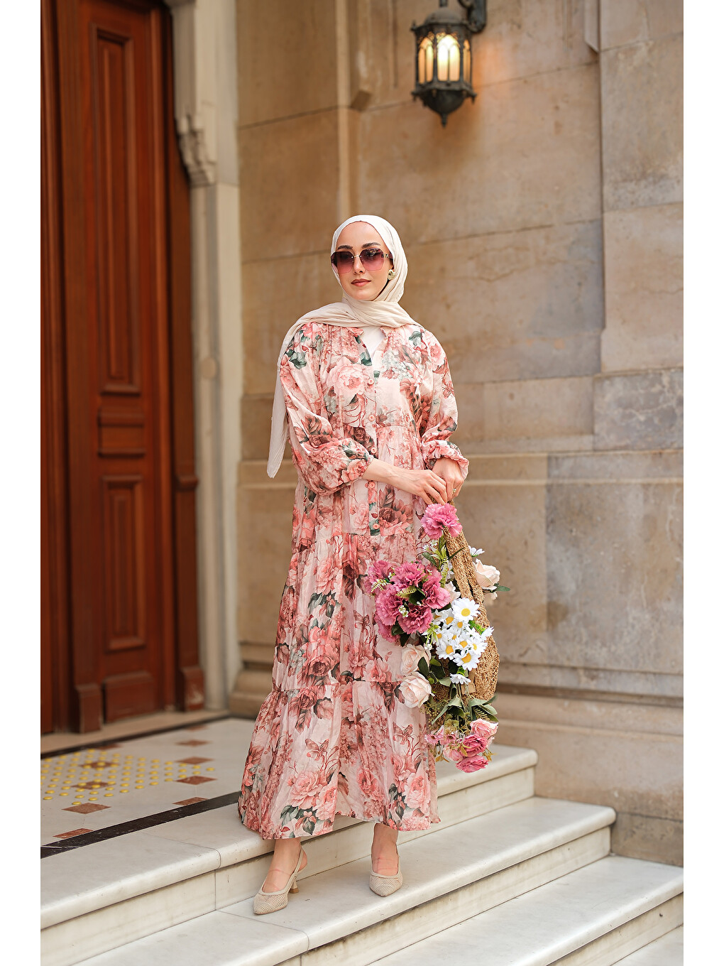 Pembe Kadın Gül Desenli Elbise Pudra-2