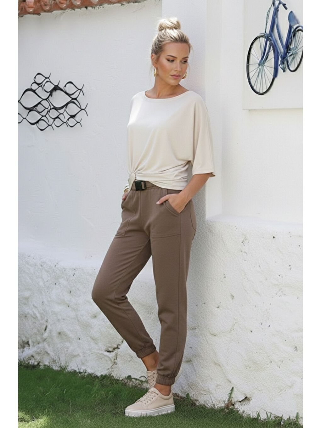 Kahverengi Açık Kahve Kemer Tokalı Lastikli Bel Lastikli Paça Casual Gabardin Dokuma Pantolon 100 55-3