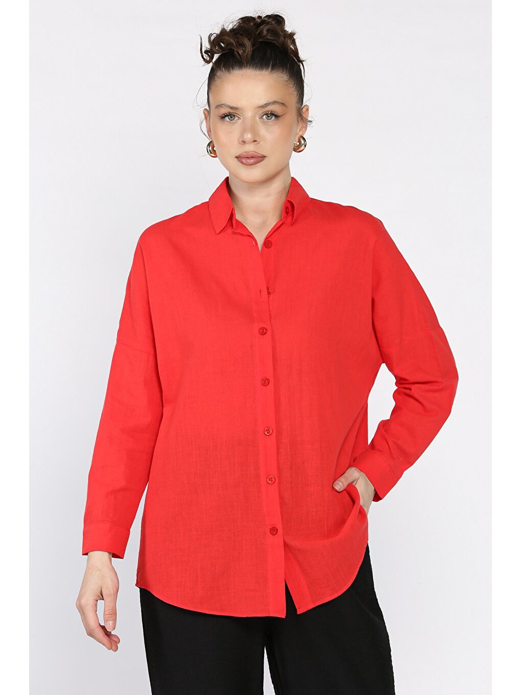 Kırmızı Kadın Uzun Kol Keten Gömlek