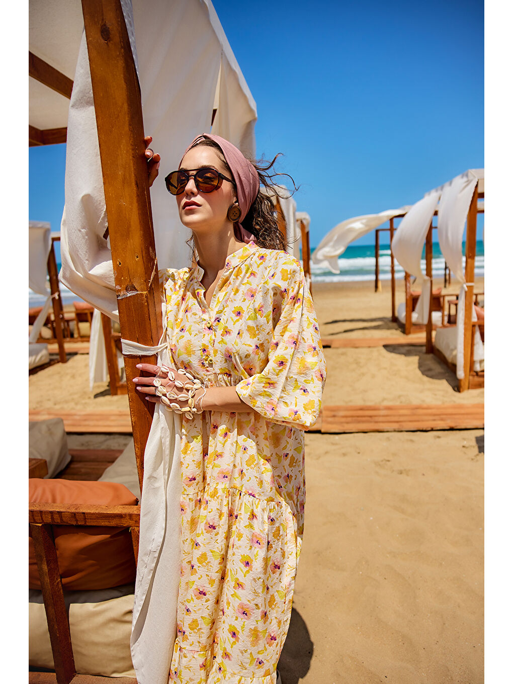 Kadın Sulu Boya Çiçek Desen Elbise Sarı-3