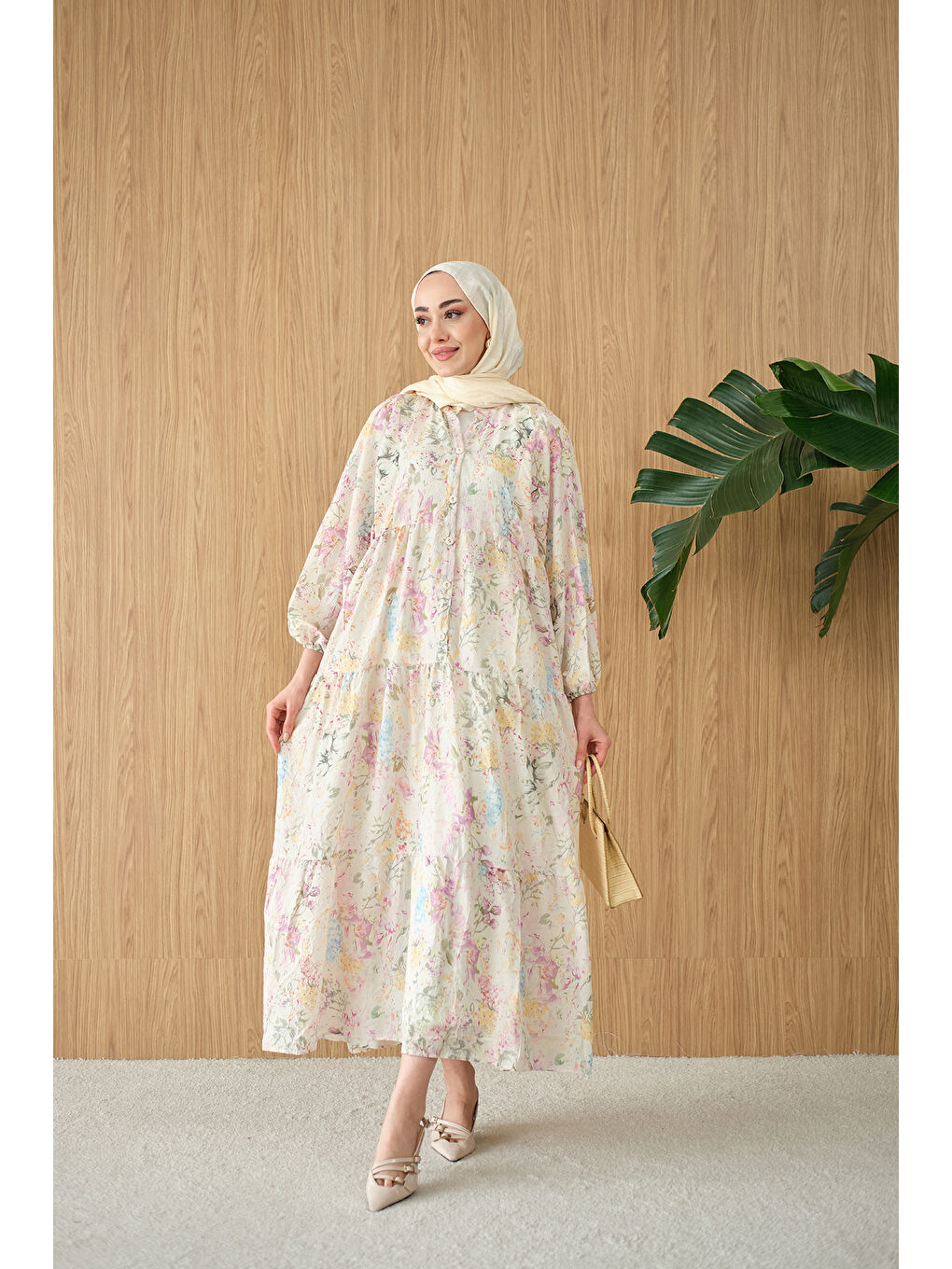 Turkuaz Kadın Vintage Çiçek Desen Elbise Su Yeşil-2