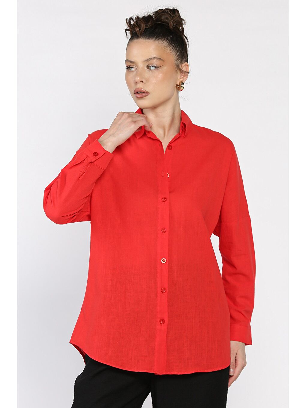 Kırmızı Kadın Uzun Kol Keten Gömlek-1