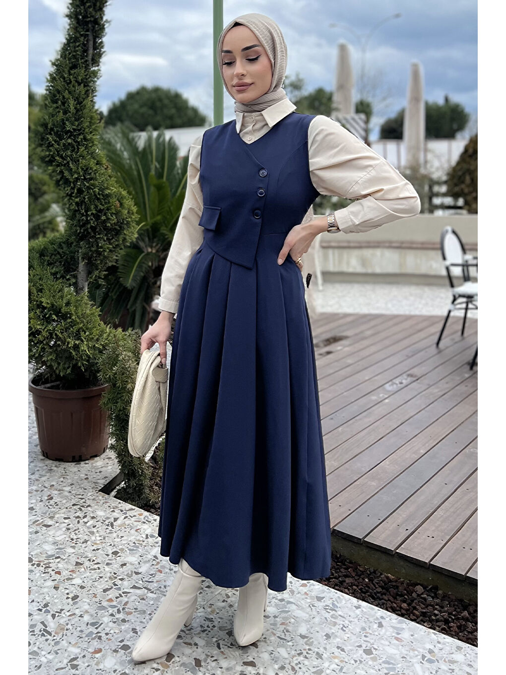 Lacivert Kadın Düğme Detaylı Pileli Tesettür Jile Elbise-2