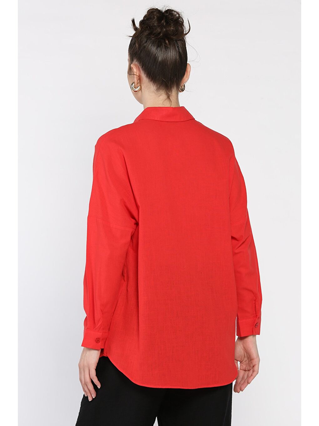 Kırmızı Kadın Uzun Kol Keten Gömlek-2