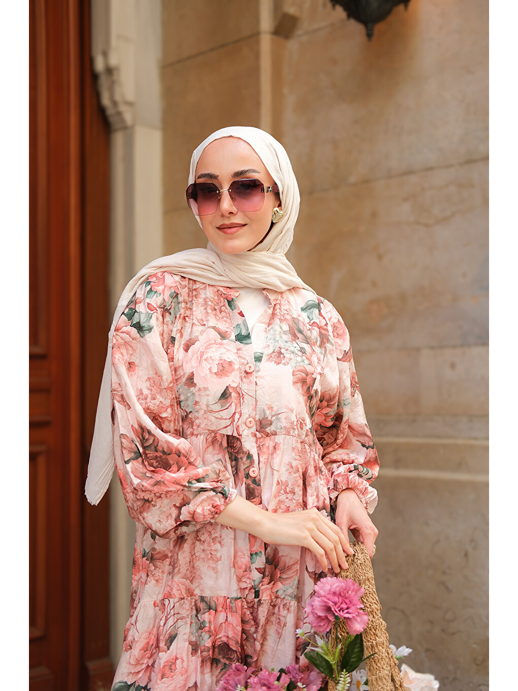 Pembe Kadın Gül Desenli Elbise Pudra-4