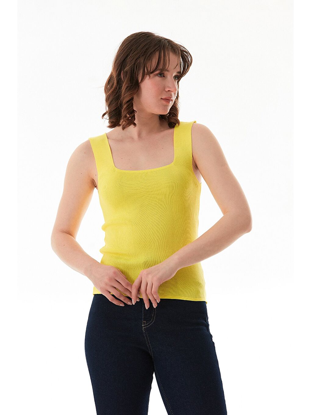 Sarı Basic Kare Yaka Triko Bluz-1