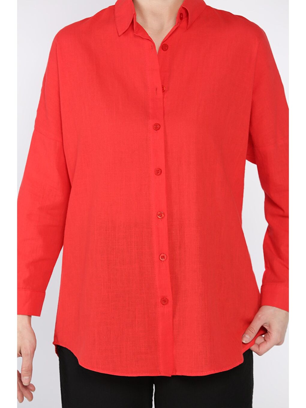 Kırmızı Kadın Uzun Kol Keten Gömlek-3