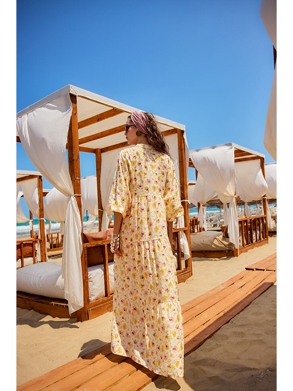 Kadın Sulu Boya Çiçek Desen Elbise Sarı-4