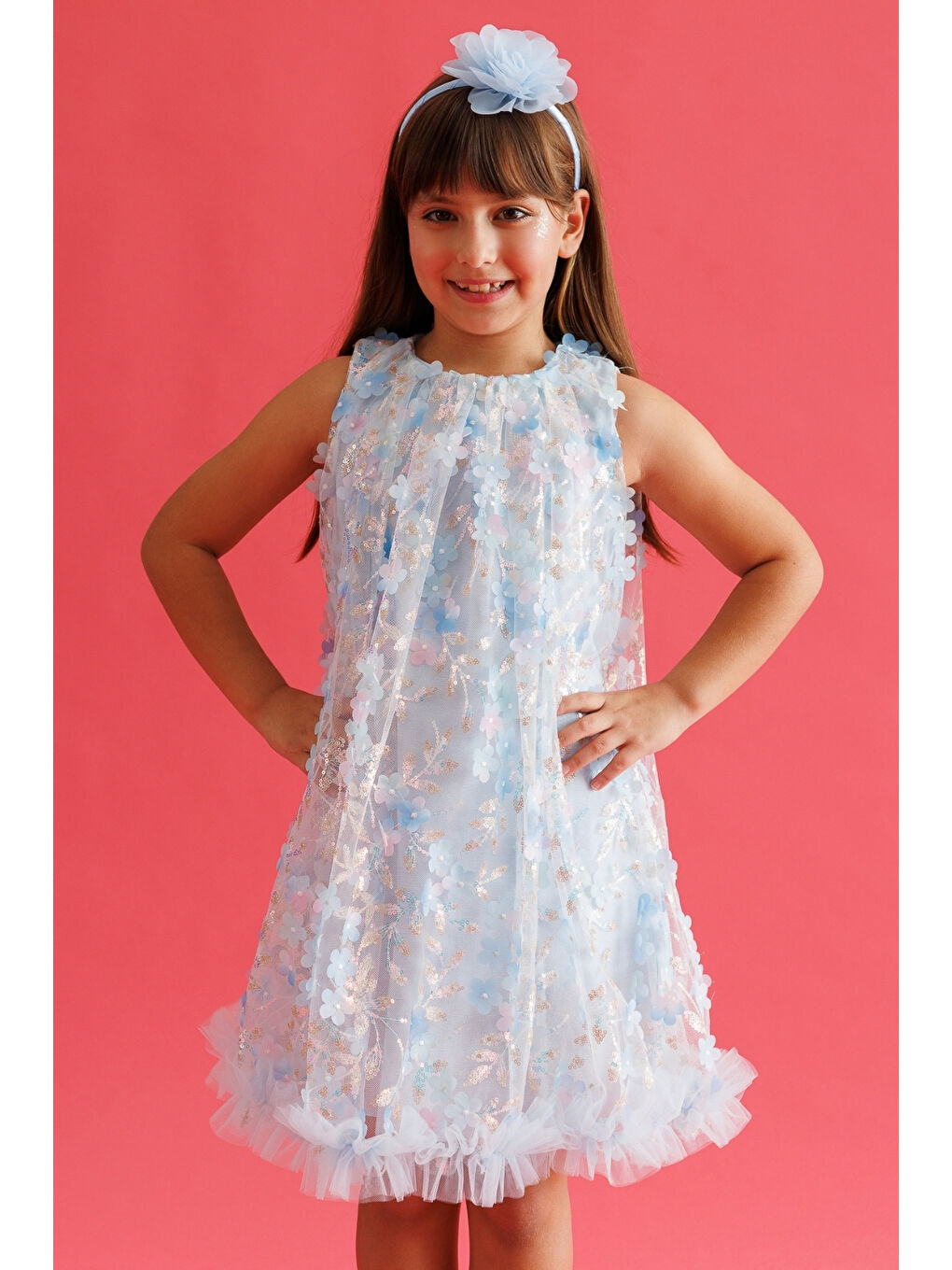 Mavi Çiçek Kabartmalı Kız Çocuk Elbise - Ivory-2