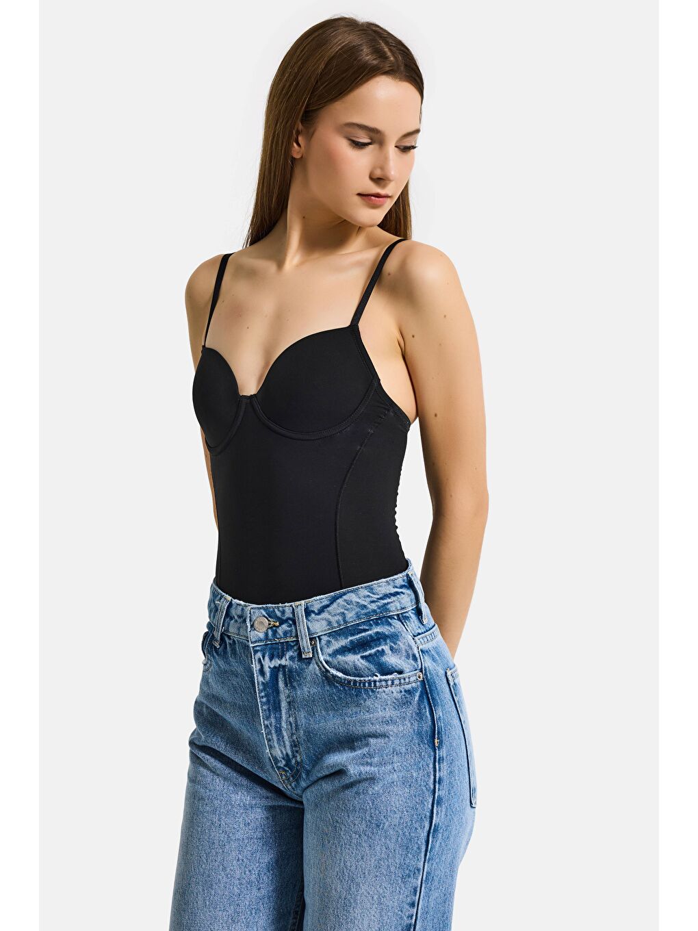 Kadın Siyah w5 Çıtçıtlı Toparlayıcı Dantel Detaylı Destekli Cup Tasarım Askılı Body-4