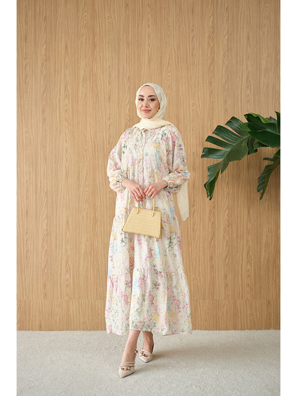 Turkuaz Kadın Vintage Çiçek Desen Elbise Su Yeşil-3