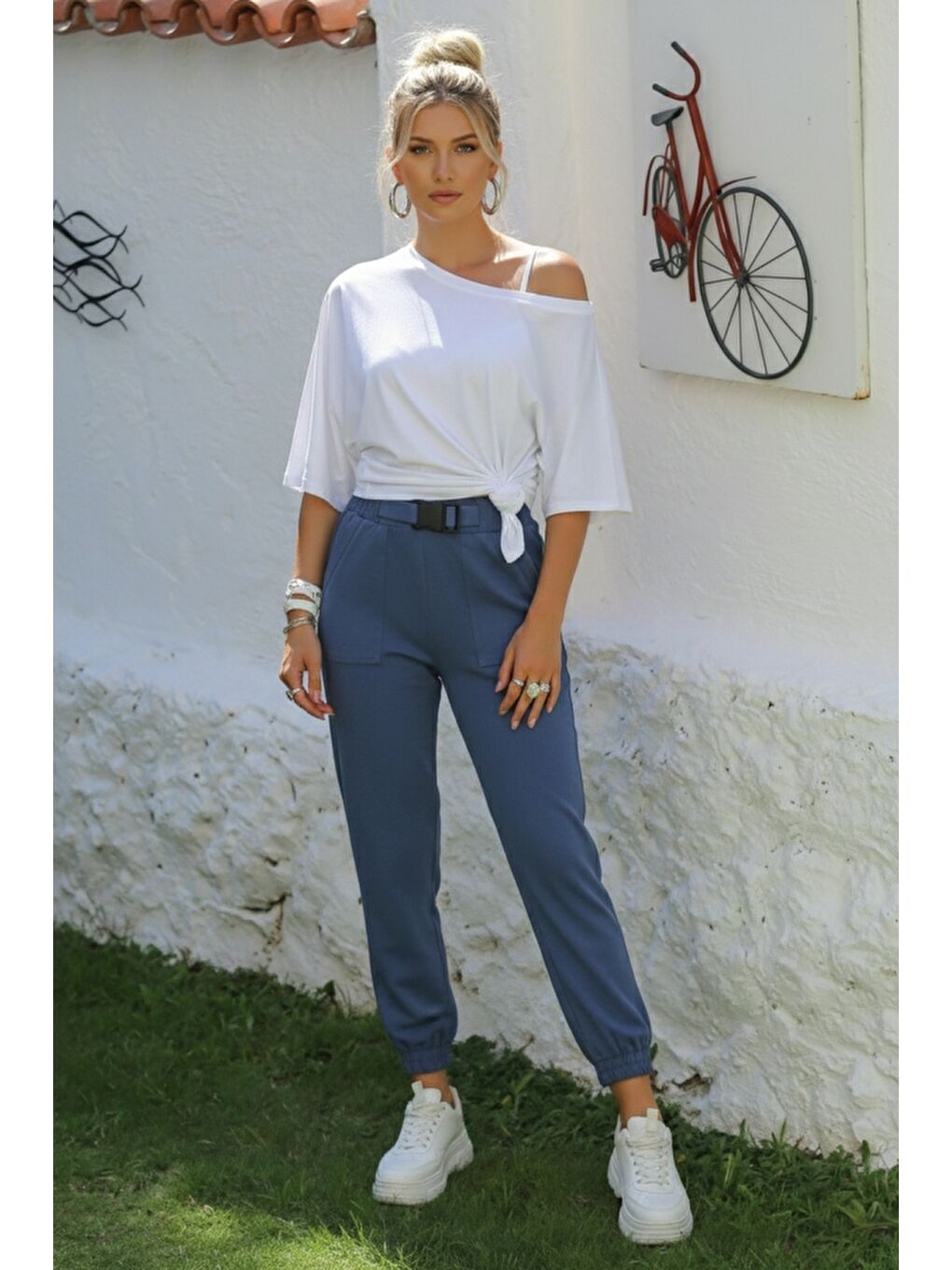 Mavi Kemer Tokalı Lastikli Bel Lastikli Paça Casual Gabardin Dokuma Pantolon 100 55-1