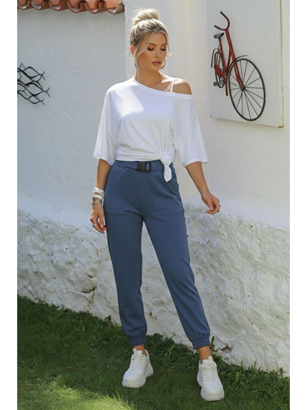 Mavi Kemer Tokalı Lastikli Bel Lastikli Paça Casual Gabardin Dokuma Pantolon 100 55-2