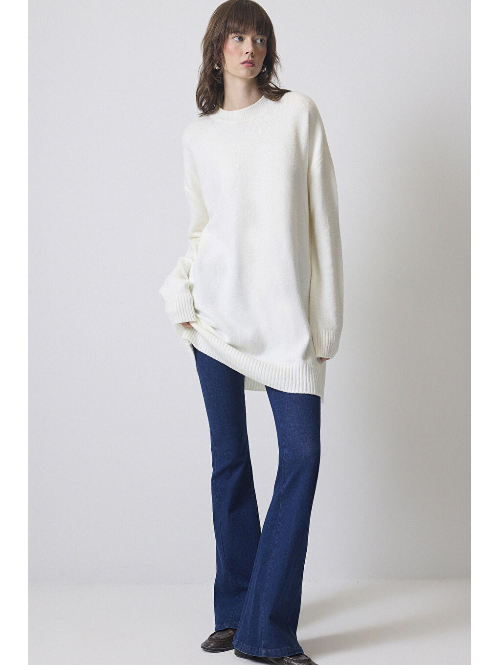 Ekru Düz Renk Triko Kazak