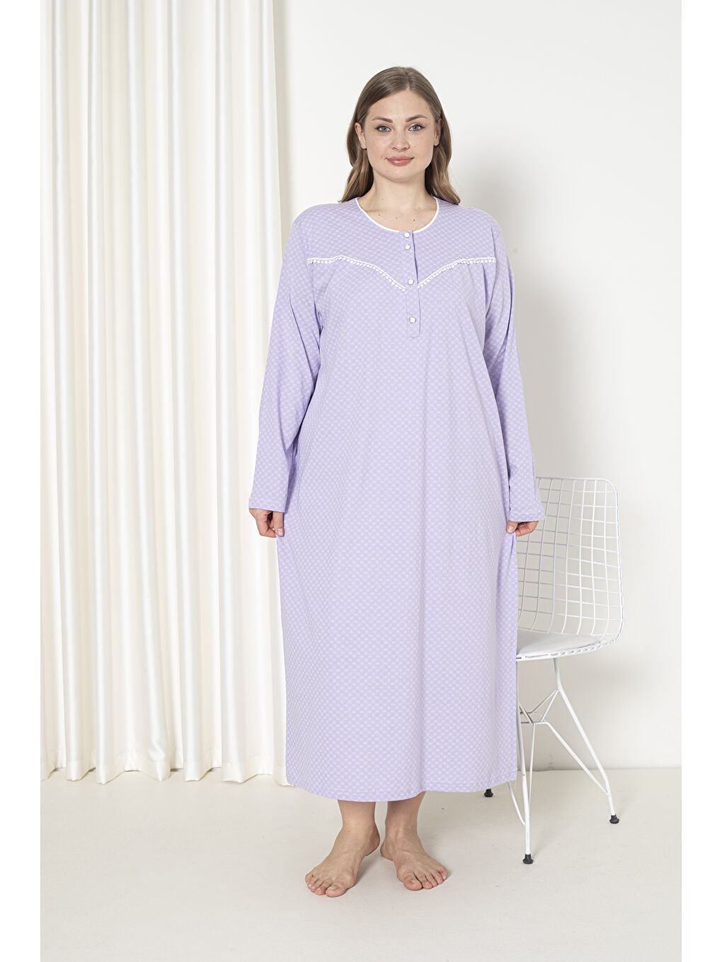 Lila %100 Pamuklu Penye Uzun Kol Büyük Beden Anne Geceliği 052