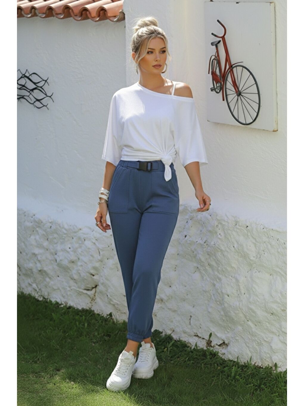 Mavi Kemer Tokalı Lastikli Bel Lastikli Paça Casual Gabardin Dokuma Pantolon 100 55-3