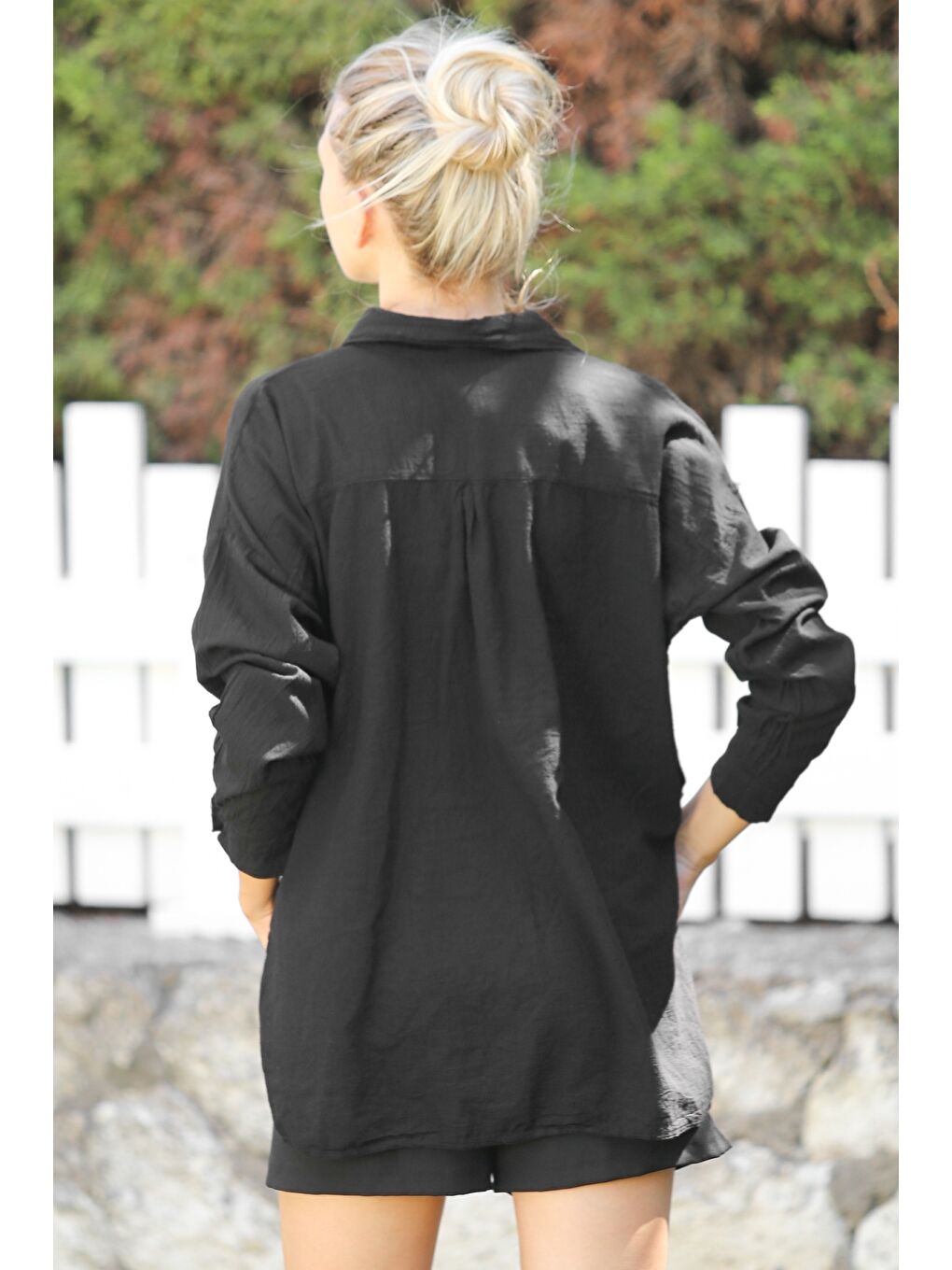 Organik Pamuk Siyah Gömlek Yaka Uzun Kol Çift Kapaklı Cepli Yanları Düğmeli Dokuma Casual Gömlek-7