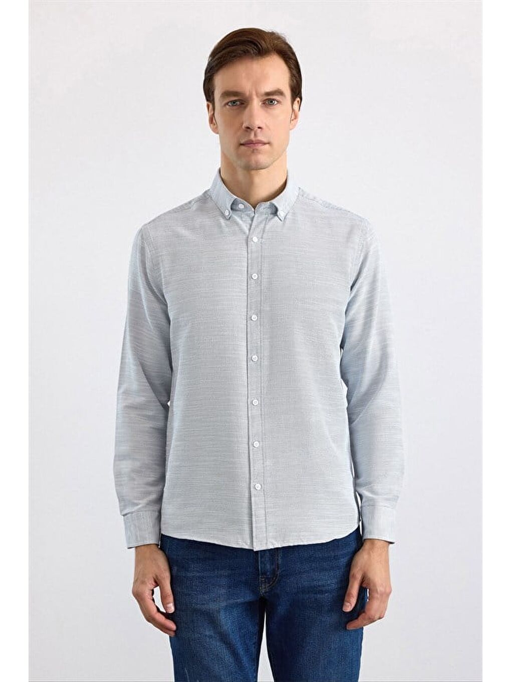 Lacivert Slim Klasik Yaka Düğmeli Uzun Kollu Standart Casual Gömlek