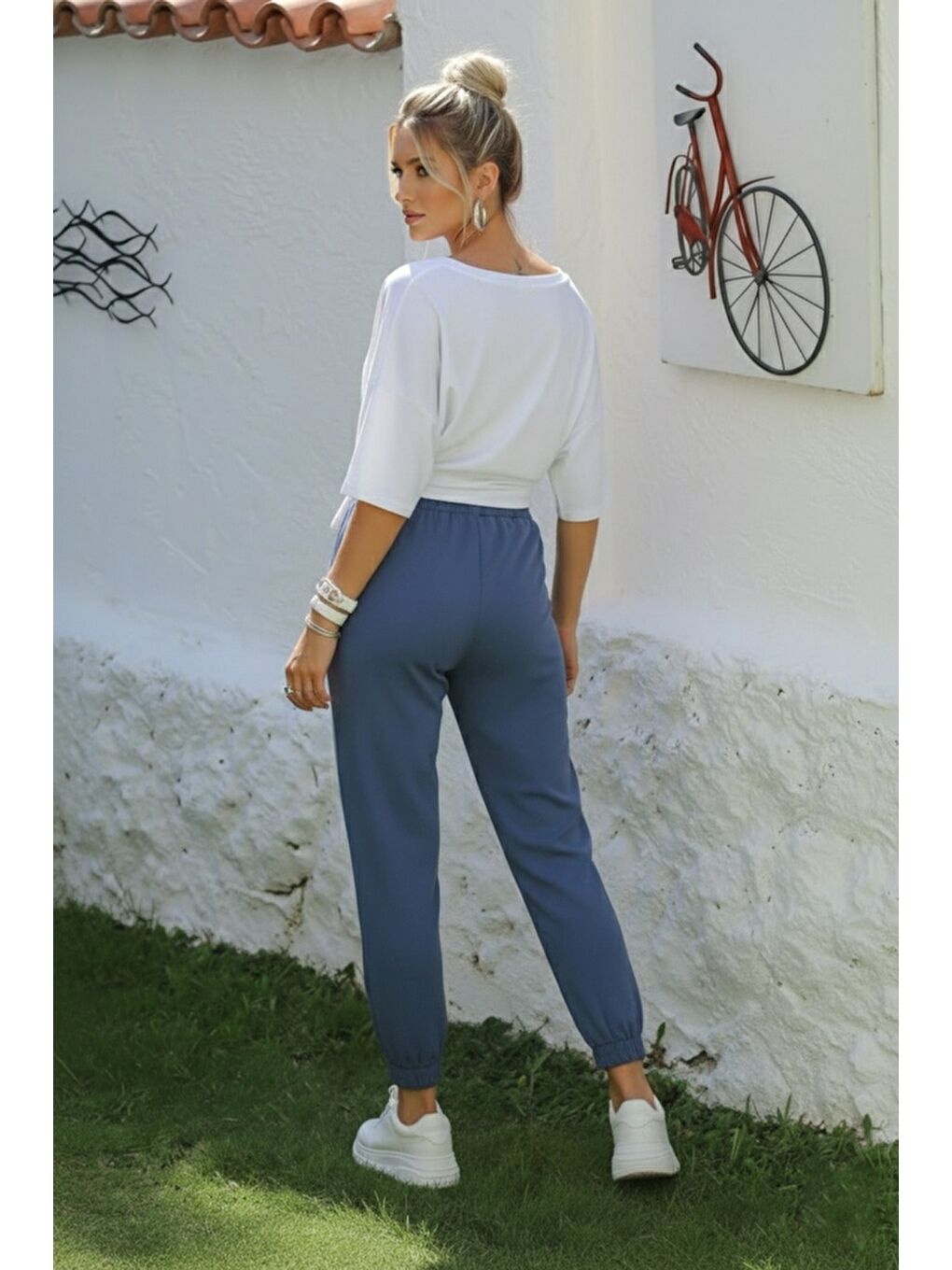 Mavi Kemer Tokalı Lastikli Bel Lastikli Paça Casual Gabardin Dokuma Pantolon 100 55-4