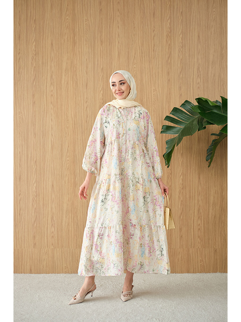 Turkuaz Kadın Vintage Çiçek Desen Elbise Su Yeşil-4