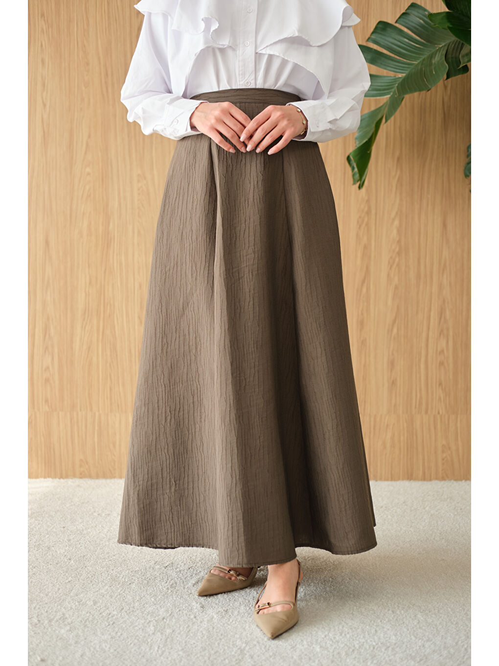 Kadın Yandan Fermuarlı Kendinden Desen Etek Koyu Yeşil-1