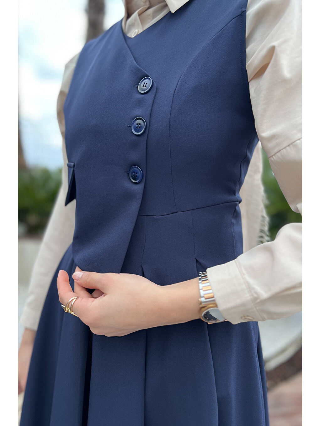 Lacivert Kadın Düğme Detaylı Pileli Tesettür Jile Elbise-4