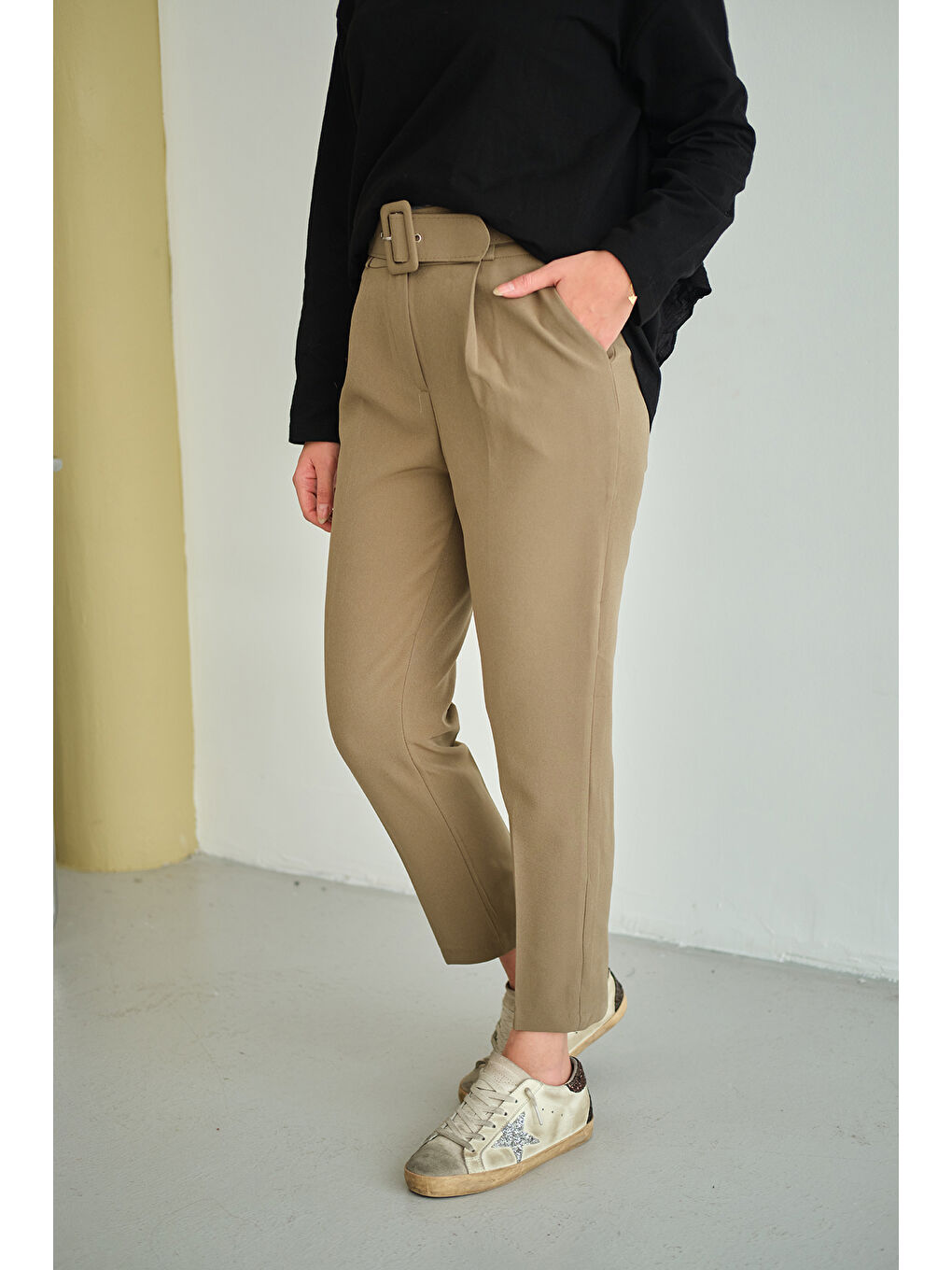 Kadın DUBLE KAPLAMA KEMERLI PANTOLON Koyu Yeşil