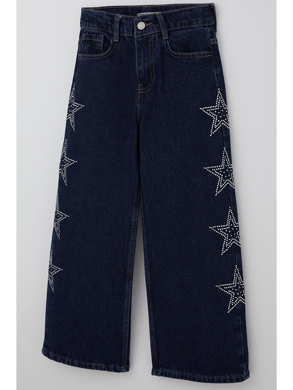 Kız Çocuk Jean Pantolon Taşlı Yıldız Baskılı Koyu Mavi (5-9 Yaş)-4
