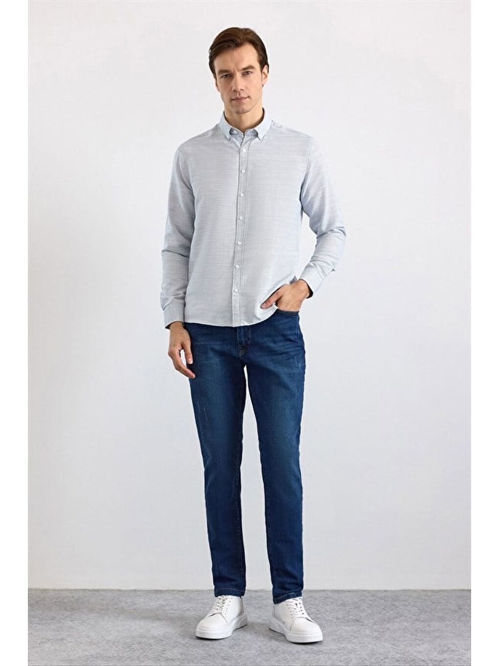 Lacivert Slim Klasik Yaka Düğmeli Uzun Kollu Standart Casual Gömlek-3