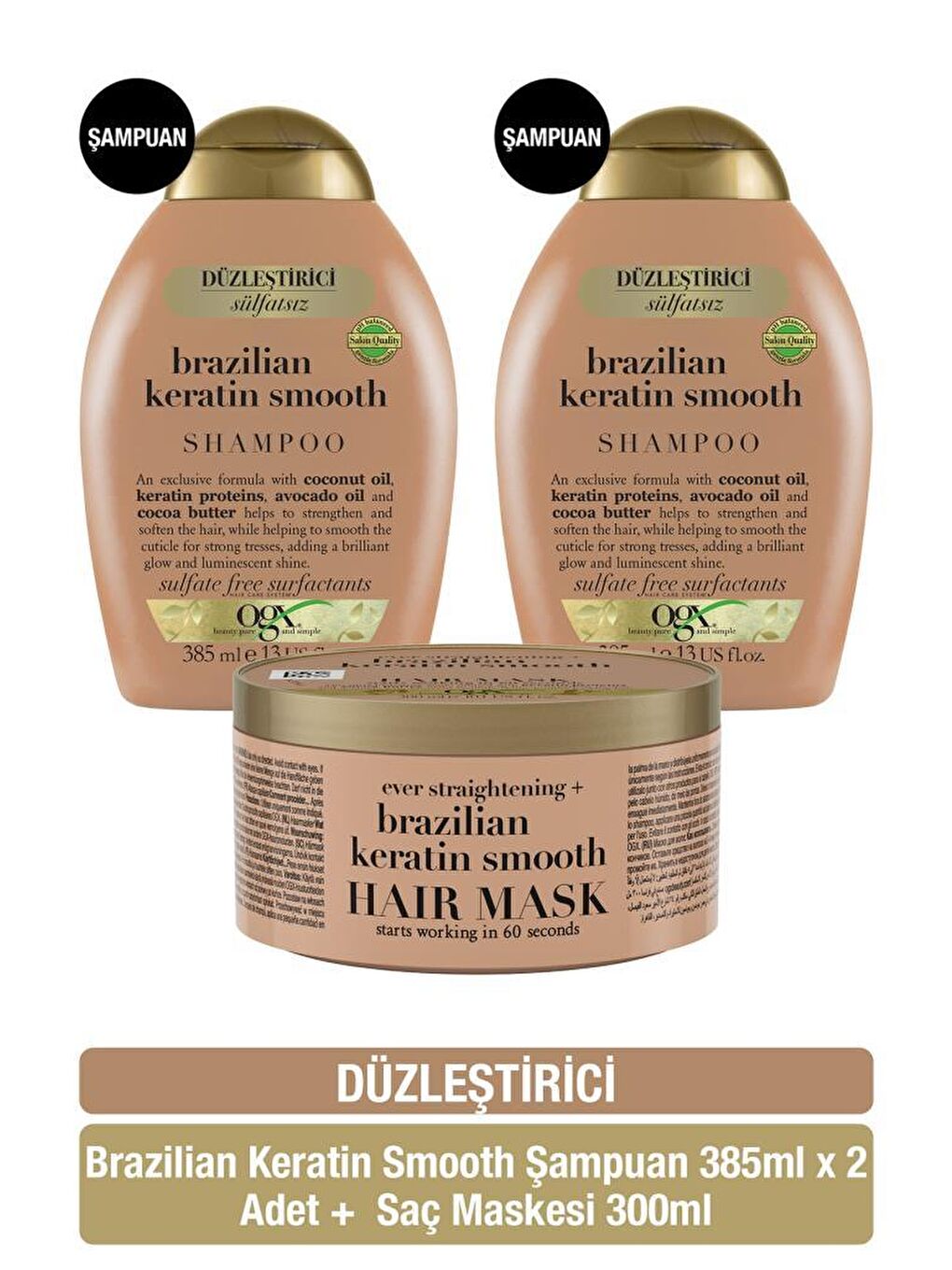 OGX Renksiz Düzleştirici Brazilian Keratin Smooth şampuan x2 + saç maskesi