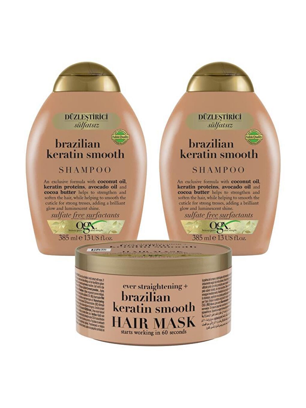 OGX Renksiz Düzleştirici Brazilian Keratin Smooth şampuan x2 + saç maskesi - 1