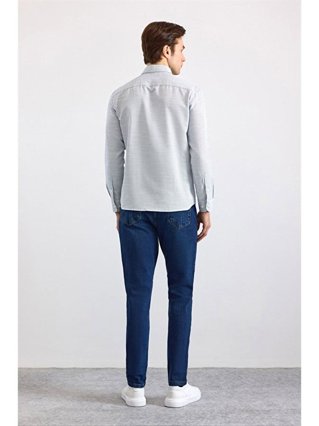 Lacivert Slim Klasik Yaka Düğmeli Uzun Kollu Standart Casual Gömlek-4