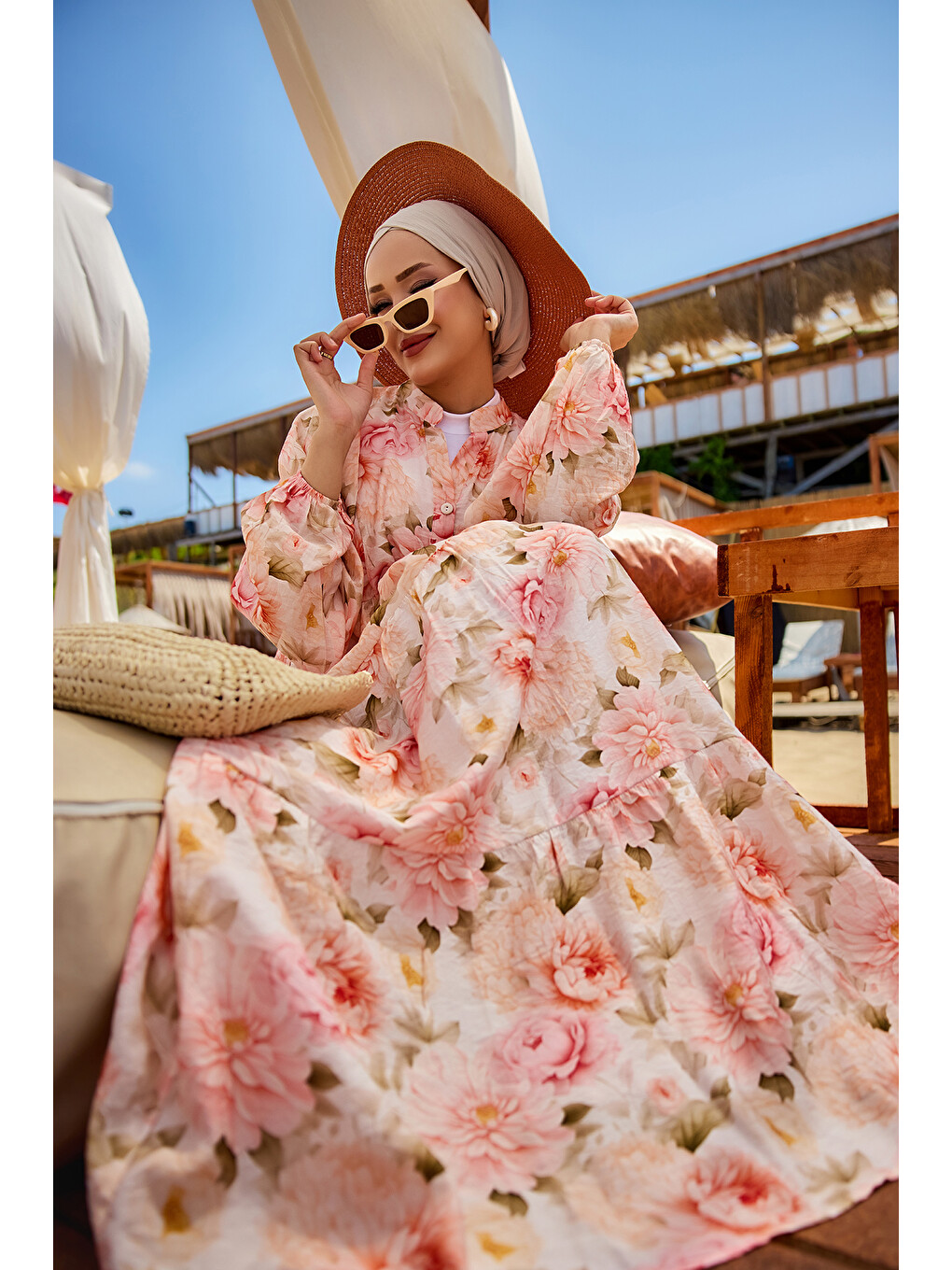 Pembe Kadın Şakayık Desen Elbise Somon