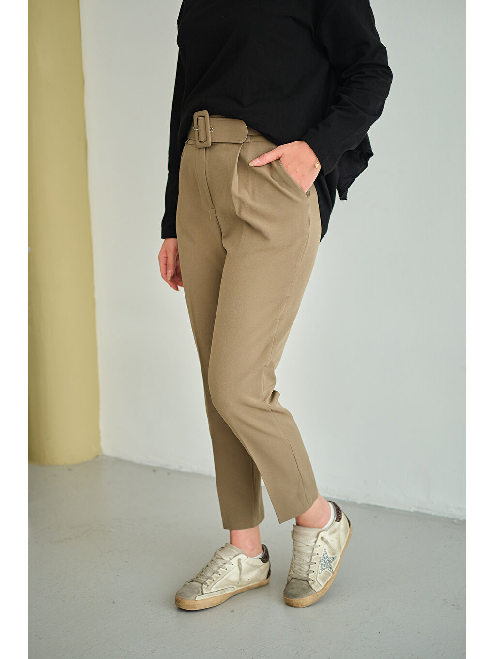 Kadın DUBLE KAPLAMA KEMERLI PANTOLON Koyu Yeşil-1