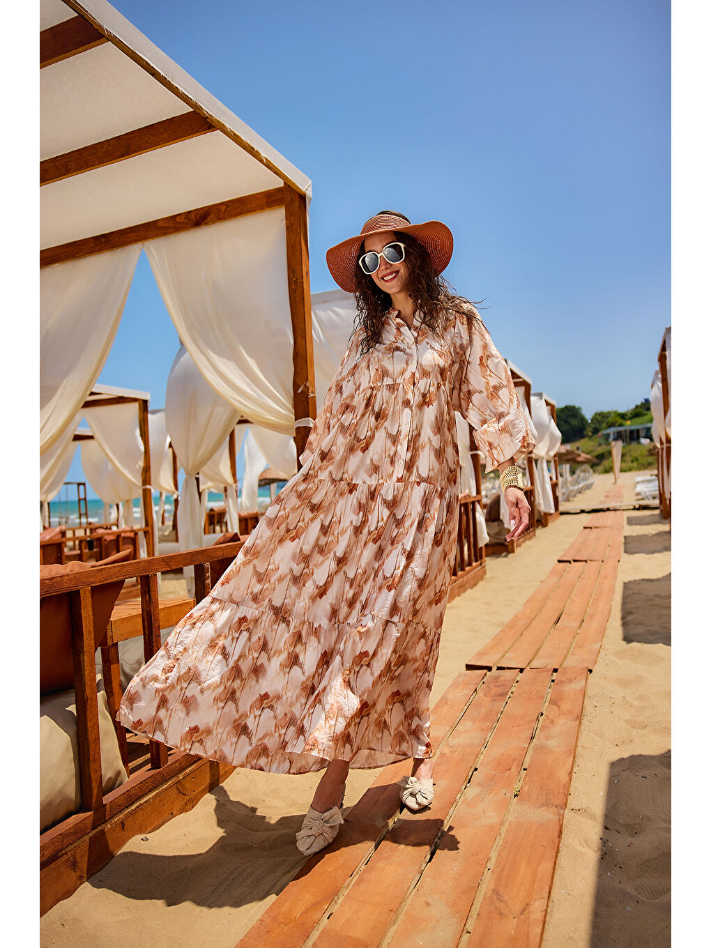 Kadın Fırça Desen Elbise Kahverengi-1