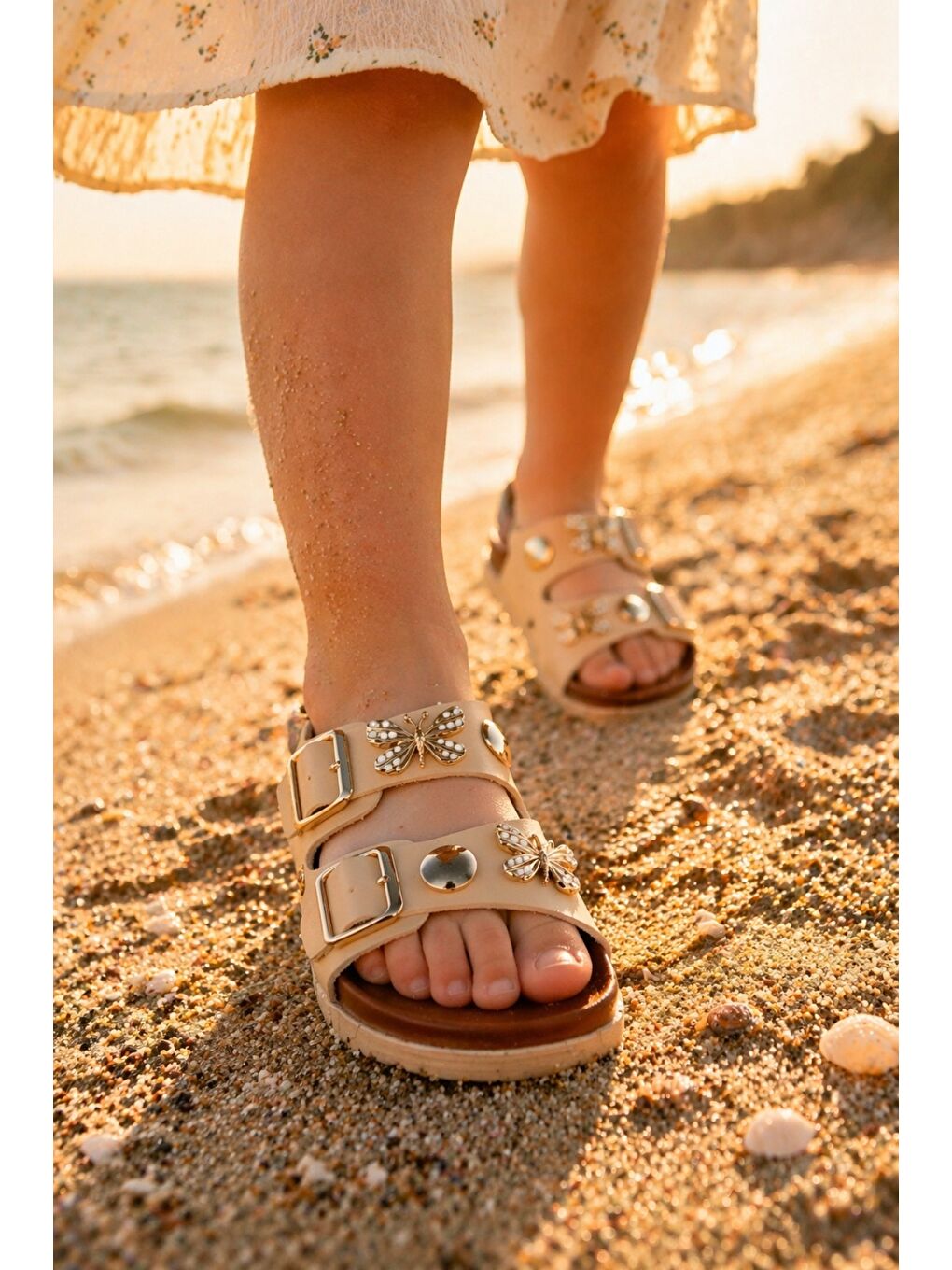 Bej SOLİ Kelebek Aksesuarlı Çift Tokalı Günlük Çocuk Terlik-1