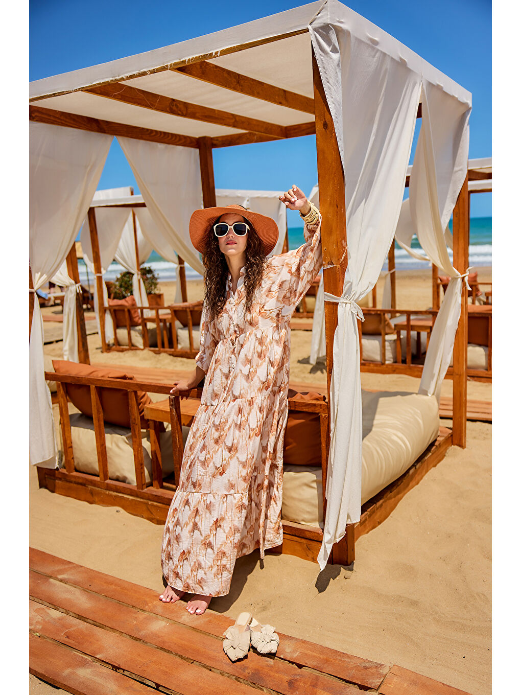 Kadın Fırça Desen Elbise Kahverengi-2