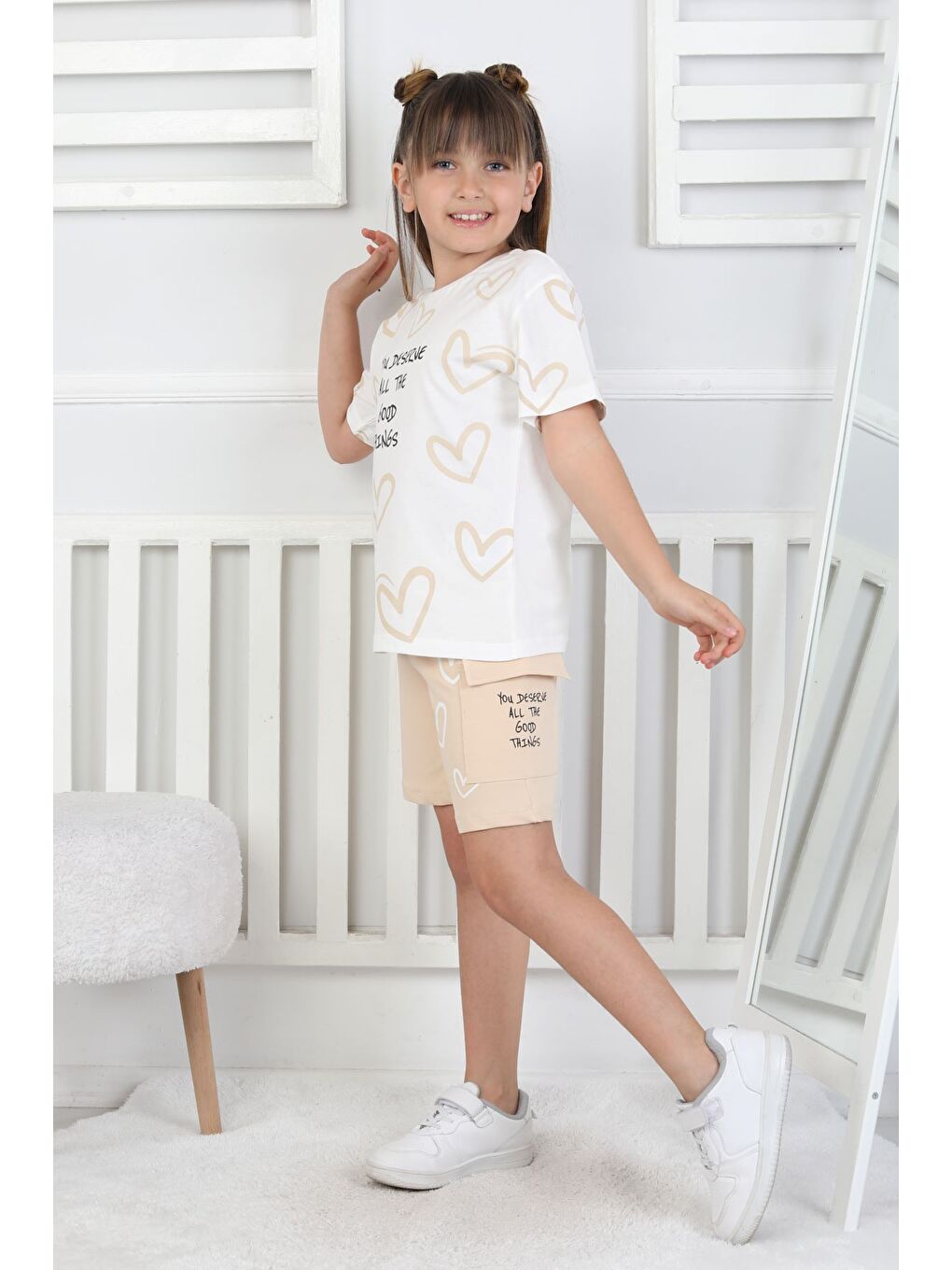 Bej Good Things Kalp Desenli Kız Çocuk Üst Süprem Alt 2 İp Şort Takım-1