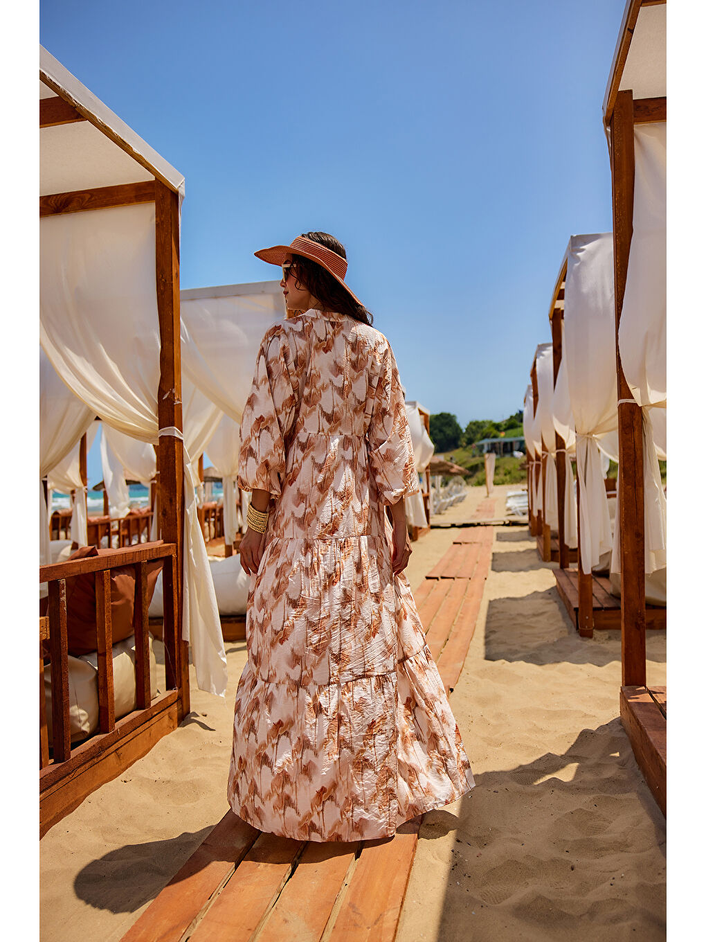 Kadın Fırça Desen Elbise Kahverengi-3