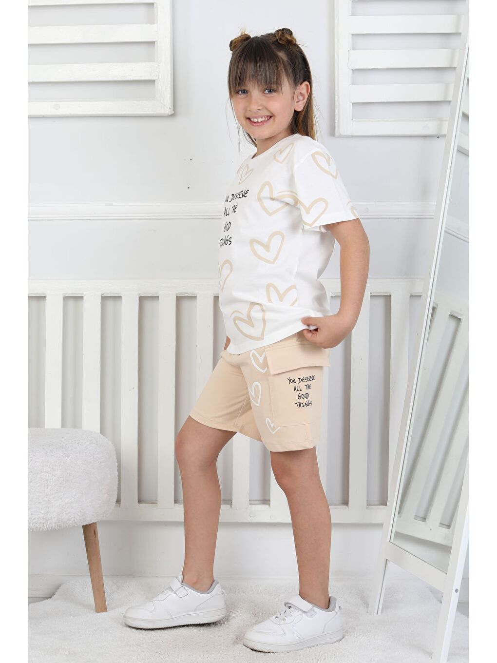 Bej Good Things Kalp Desenli Kız Çocuk Üst Süprem Alt 2 İp Şort Takım-2