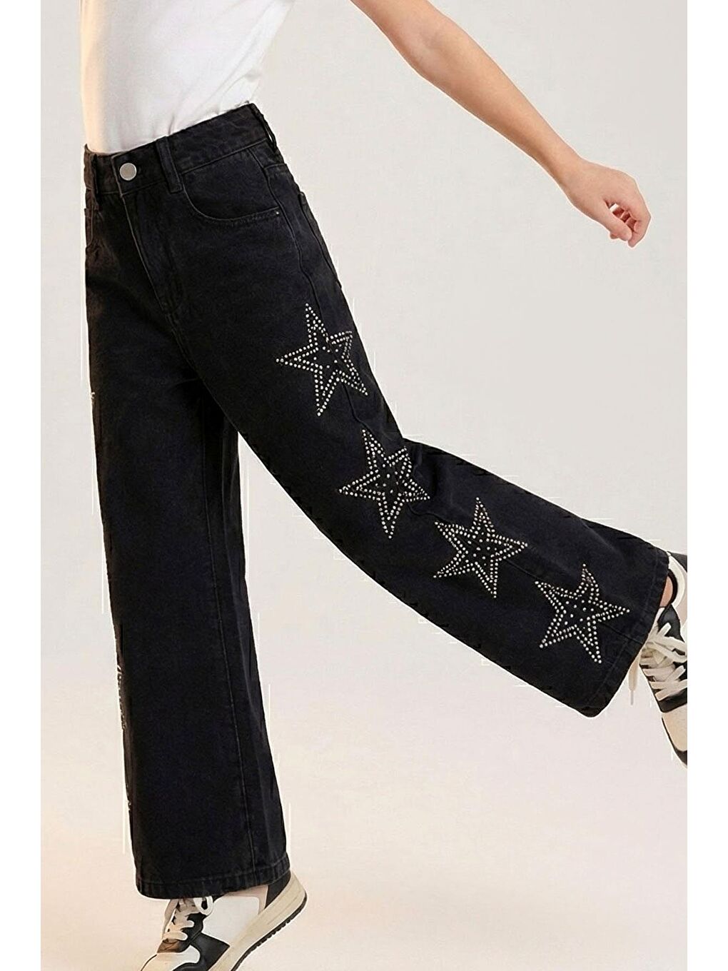 Kız Çocuk Jean Pantolon Taşlı Yıldız Baskılı Siyah (5-9 Yaş)-1