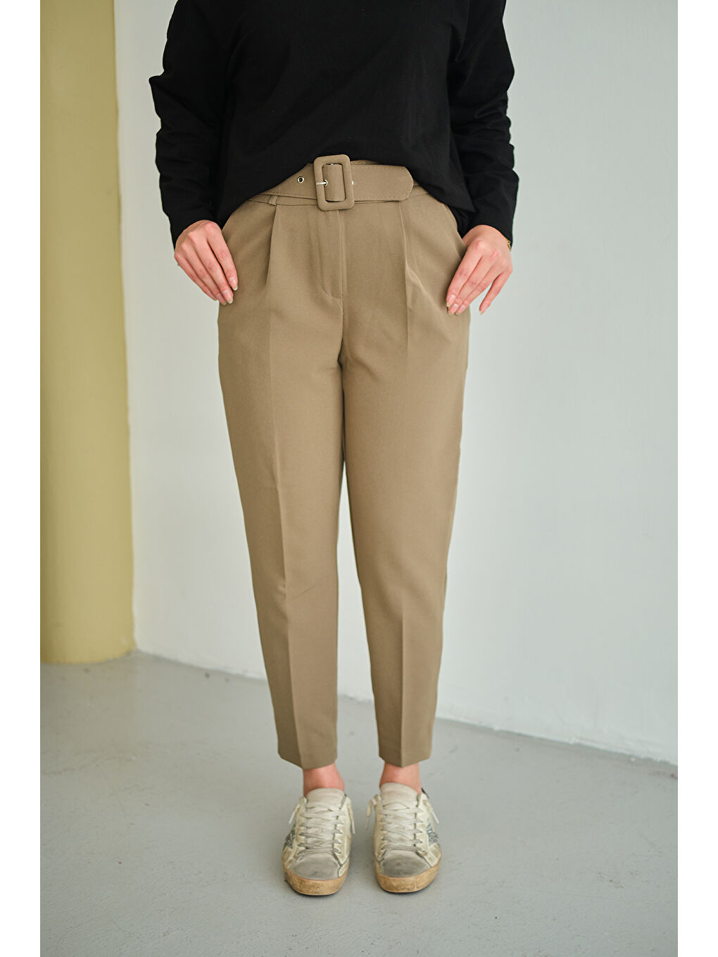 Kadın DUBLE KAPLAMA KEMERLI PANTOLON Koyu Yeşil-3