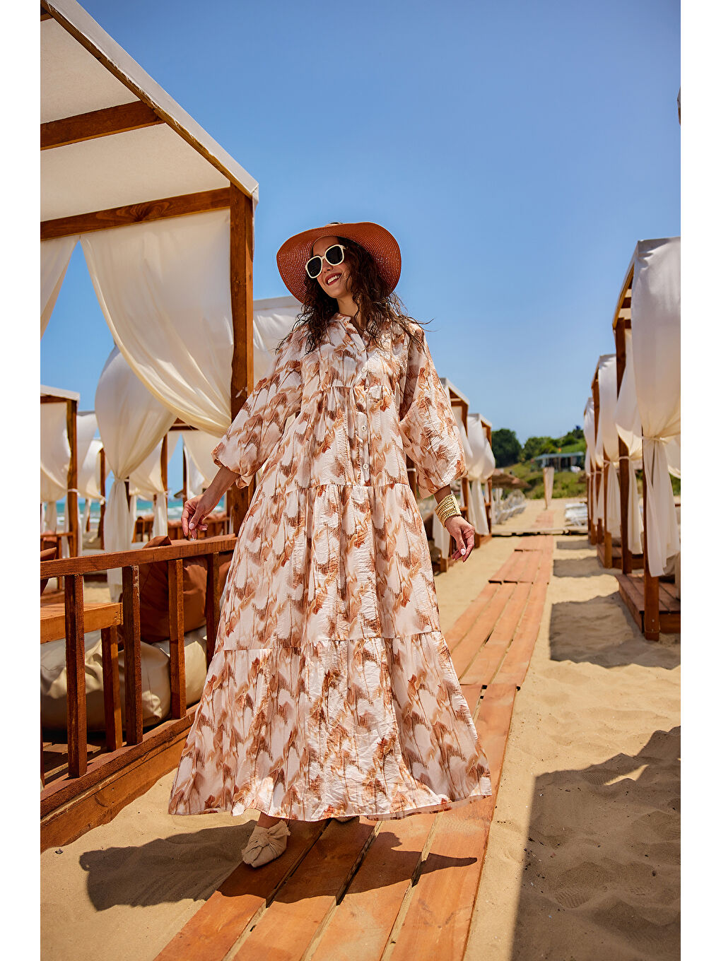 Kadın Fırça Desen Elbise Kahverengi-4