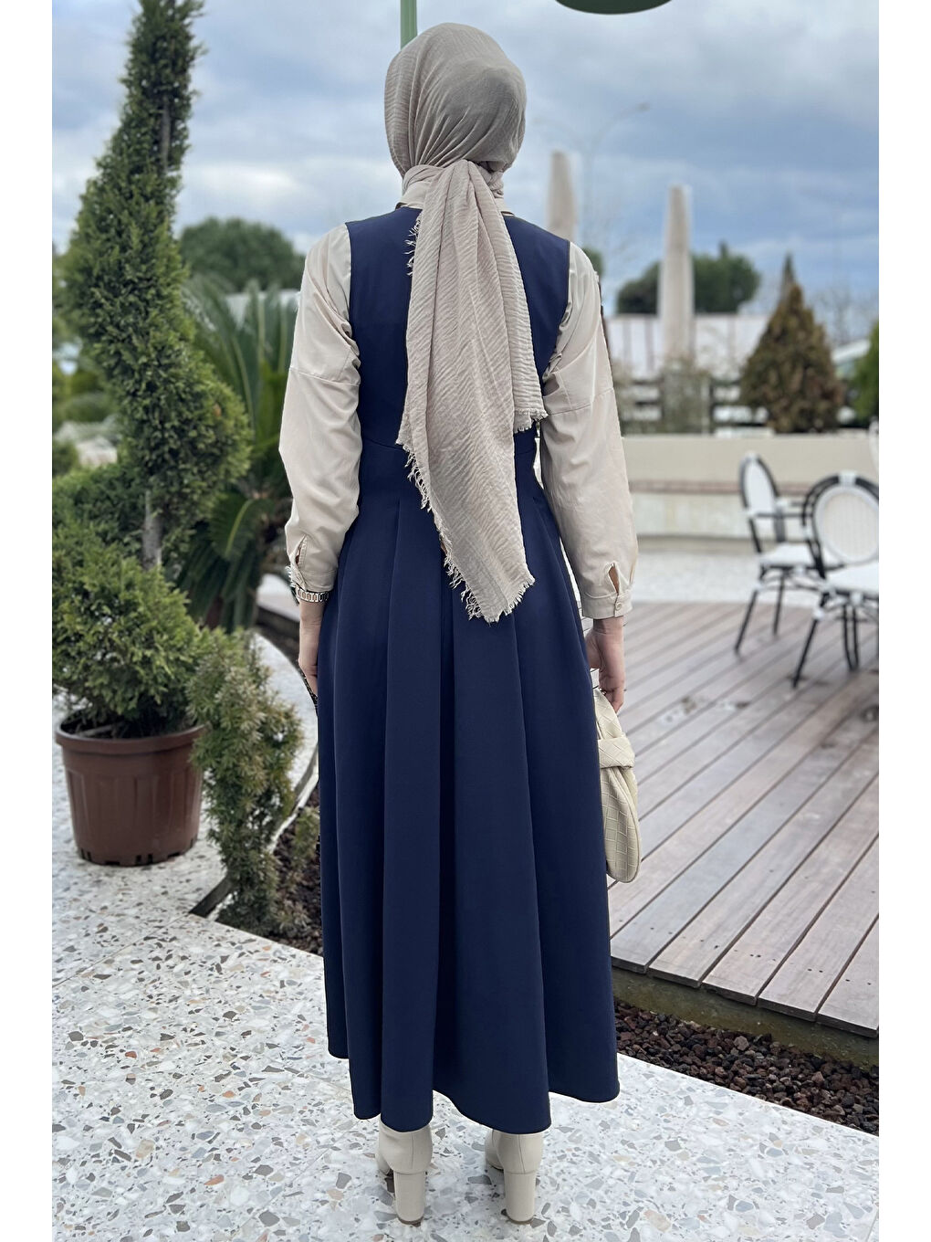 Lacivert Kadın Düğme Detaylı Pileli Tesettür Jile Elbise-6