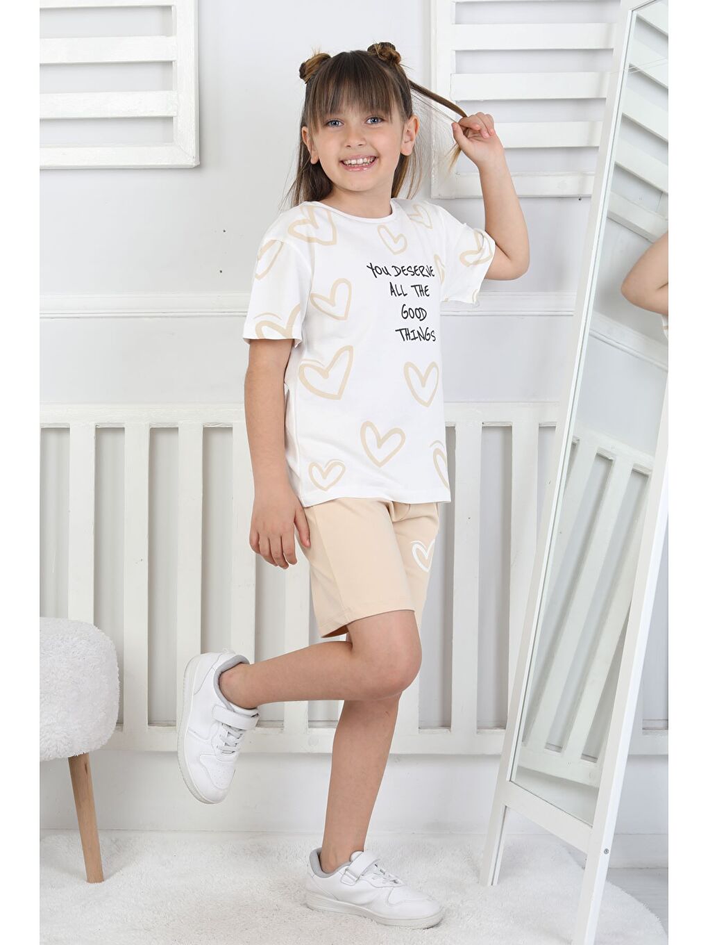 Bej Good Things Kalp Desenli Kız Çocuk Üst Süprem Alt 2 İp Şort Takım-3