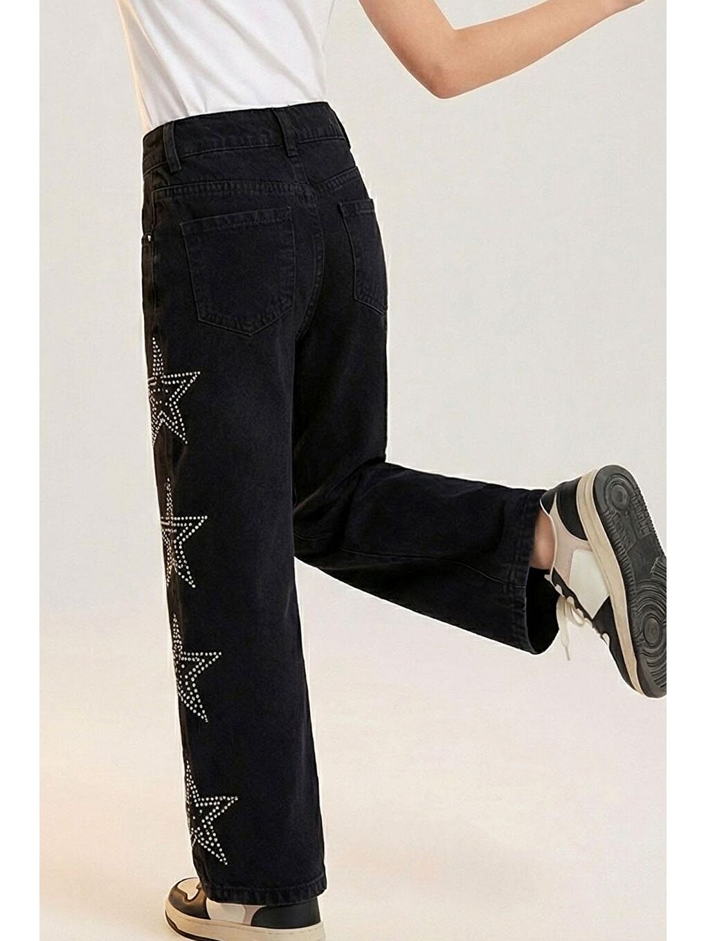 Kız Çocuk Jean Pantolon Taşlı Yıldız Baskılı Siyah (5-9 Yaş)-2