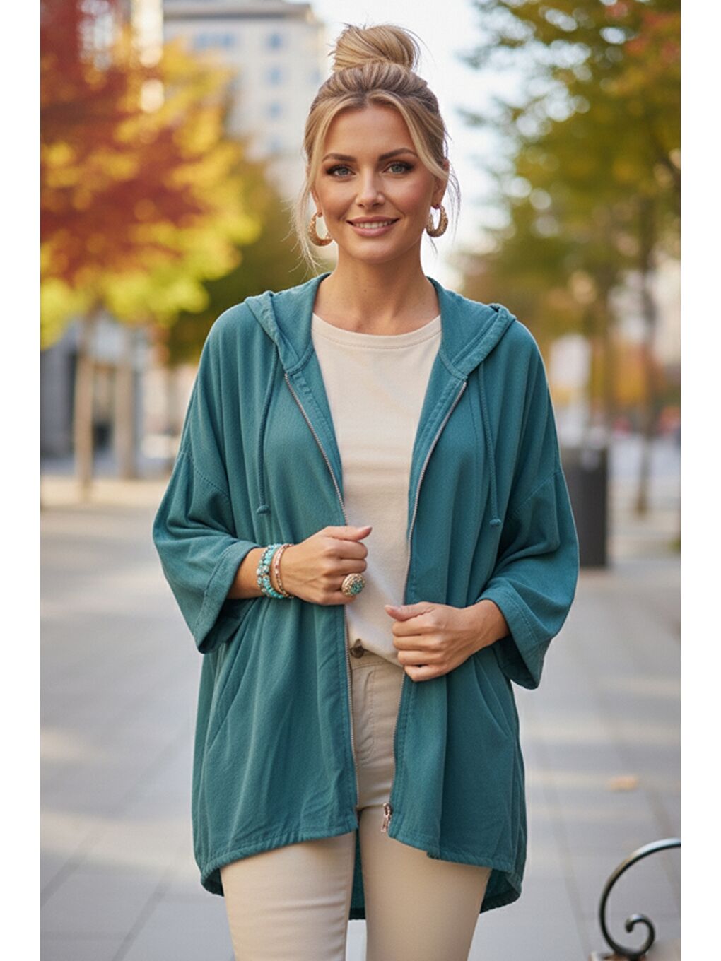 İtalyan Petrol Mavisi Kapüşonlu 3/4 Kol Fermuarlı Cepli Casual Pamuklu Dokuma Ceket 70 70-1