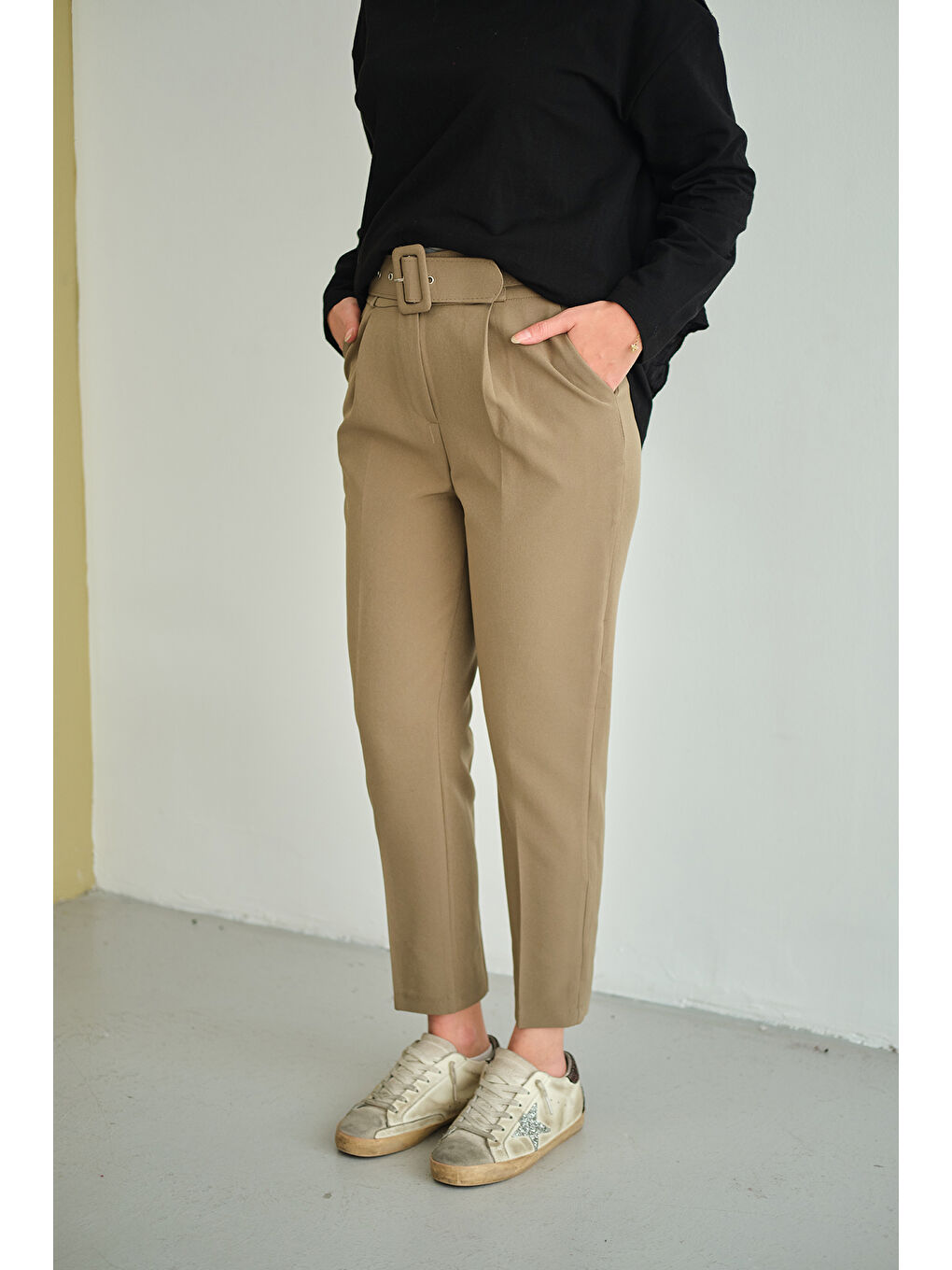 Kadın DUBLE KAPLAMA KEMERLI PANTOLON Koyu Yeşil-4