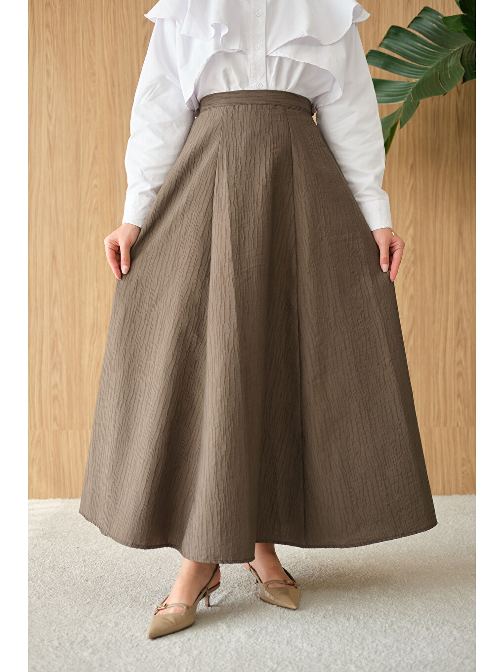 Kadın Yandan Fermuarlı Kendinden Desen Etek Koyu Yeşil-3