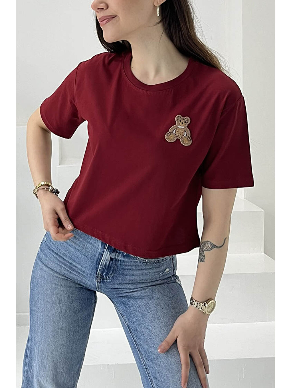 Ayıcık Nakışlı Kısa Kollu T-Şhirt Bordo - 27030-1